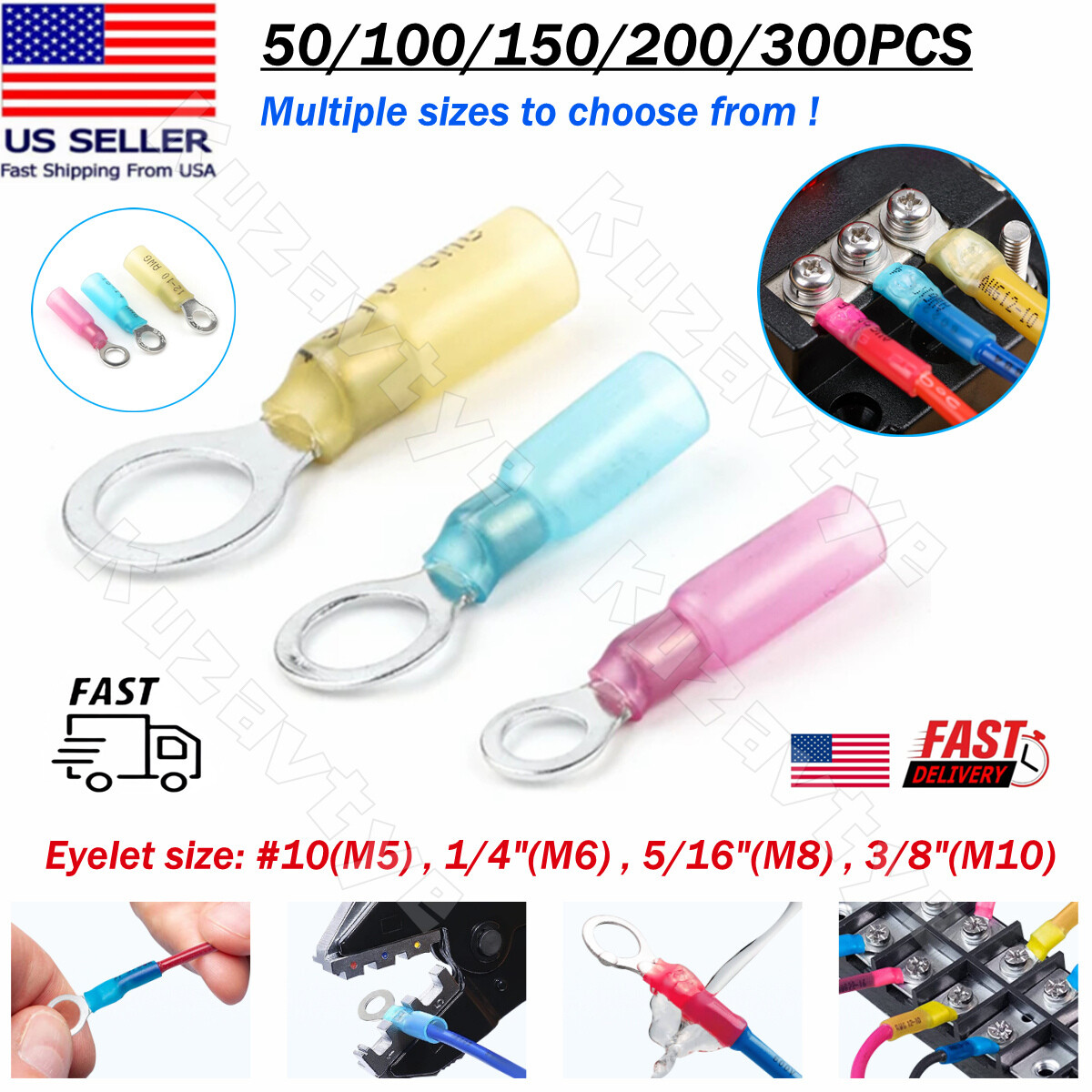 50/200x Heat Shrink Ring Terminals Crimp Eyelet Wire Connector Waterproof Marine