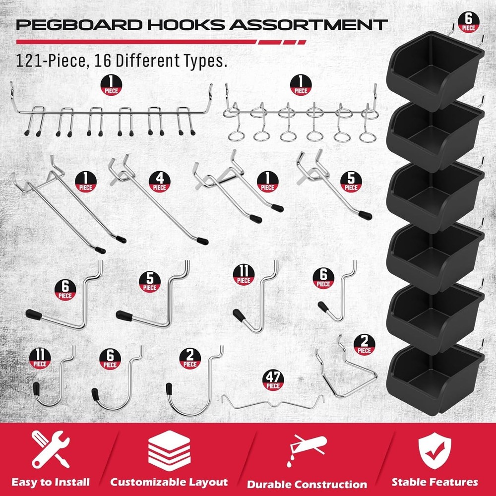Efficient 121-Piece Pegboard Set with 13 Hook Types and Rust-Resistant Finish