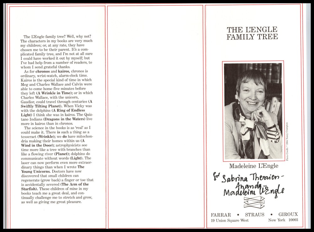 Madeleine L'Engle - Author - Tri Fold Pamplet - Signed / Autograph