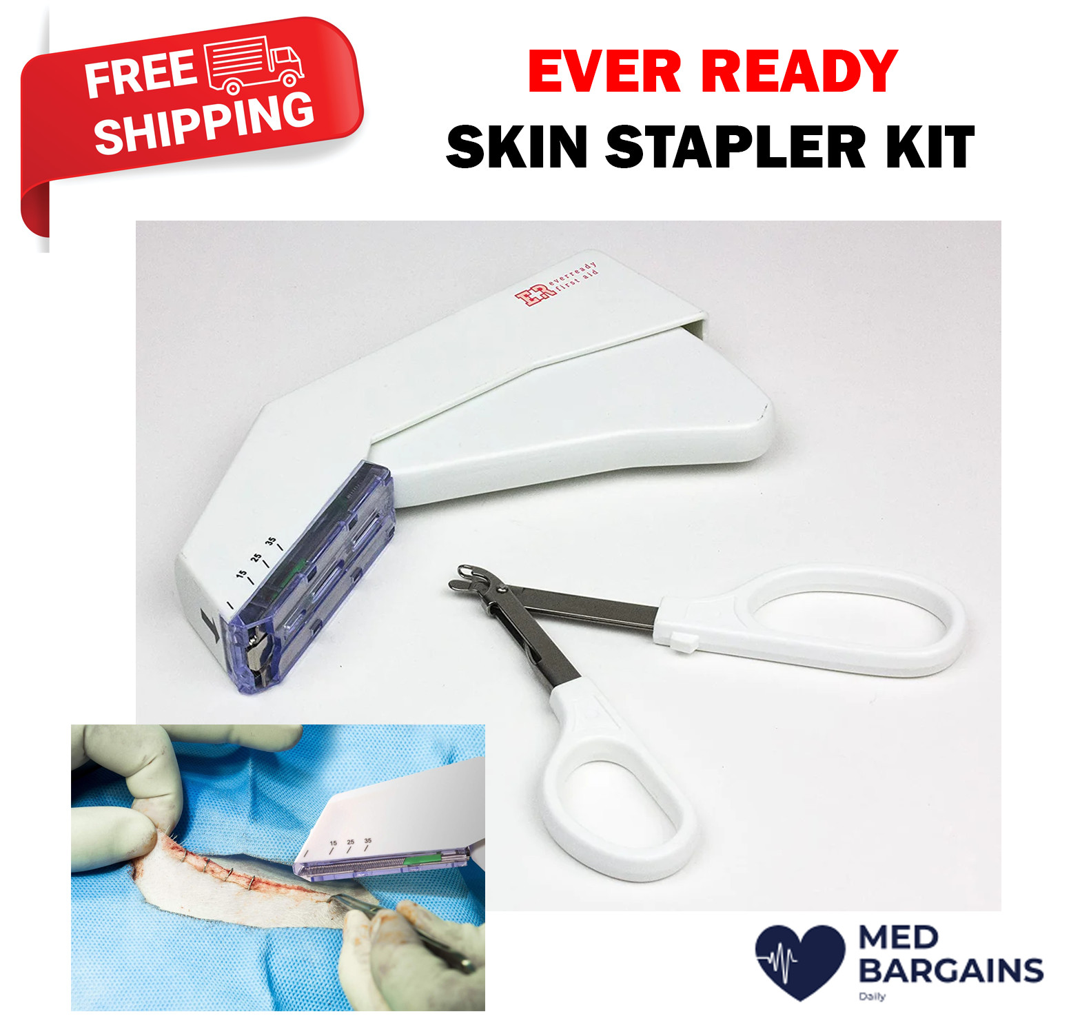Ever Ready First Aid Sterile Disposable Medical Skin Stapler & Remover KIT
