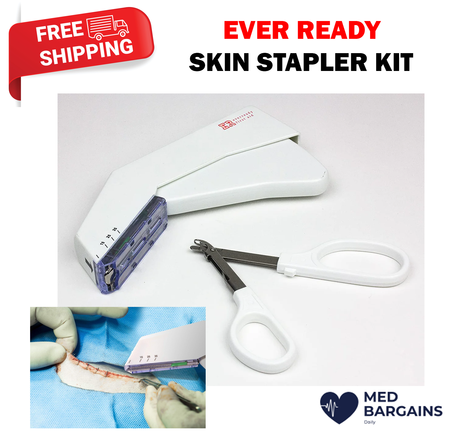 Ever Ready First Aid Sterile Disposable Medical Skin Stapler & Remover KIT