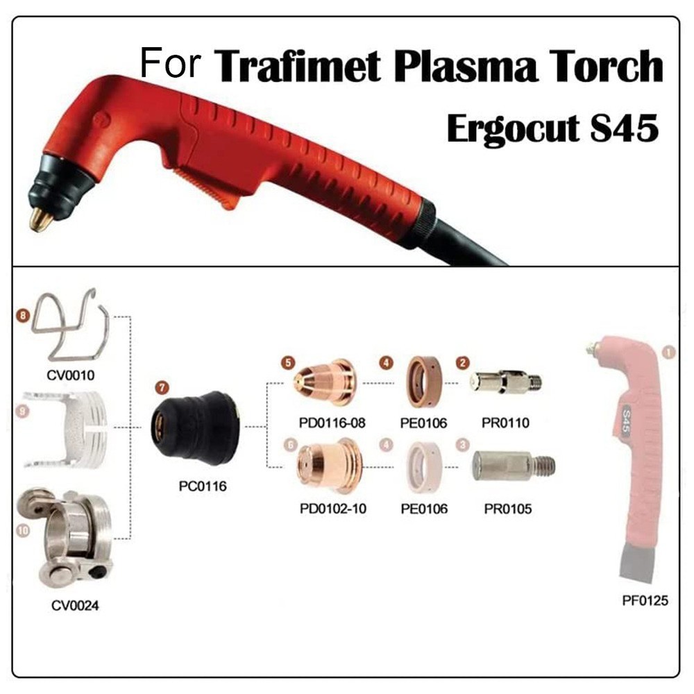 Plasma Torch Electrode PR0110 and Shield Cup PD011608 Kit for S45 Models