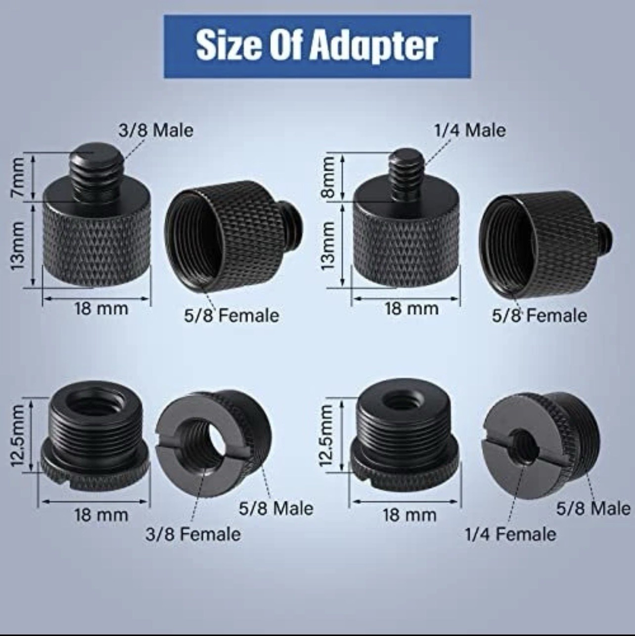 8PCS Aluminum Mic Stand Adapter Set 5/8” 3/8” 1/4” Thread Screw Converters Black