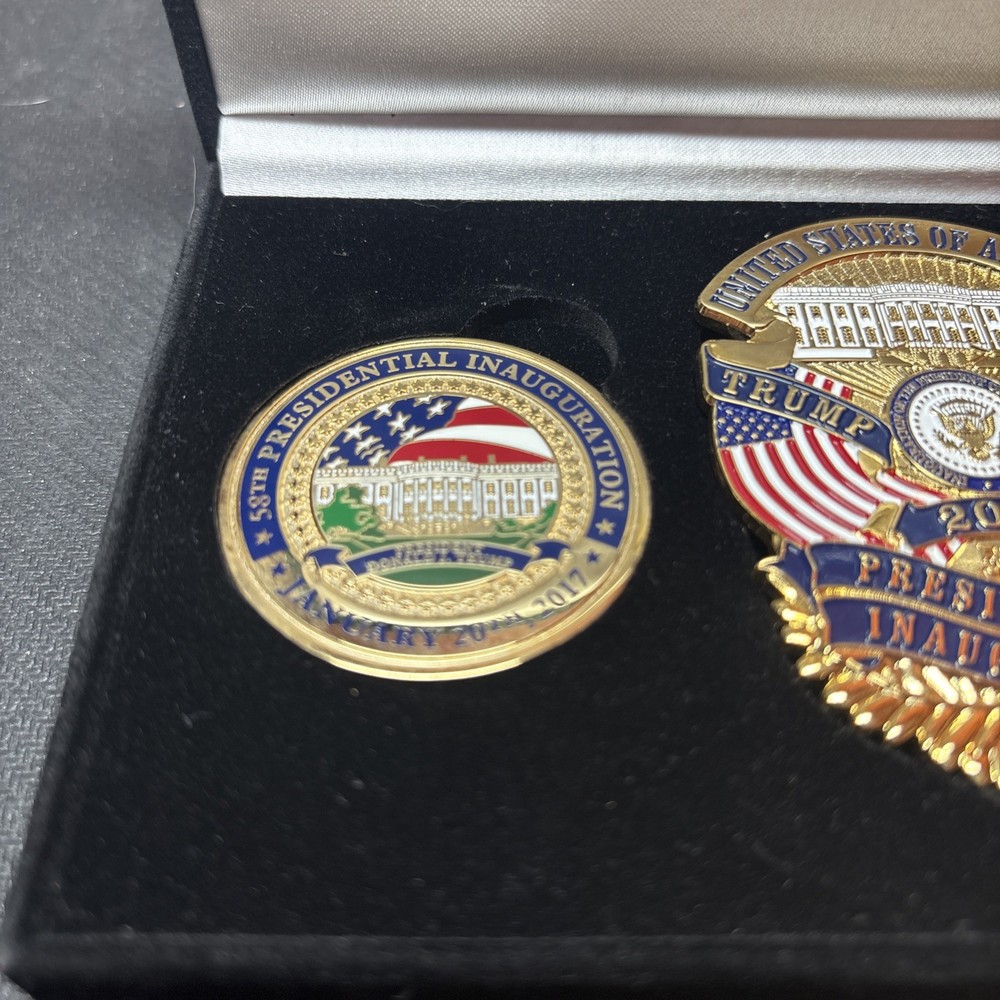Donald Trump Pence 2017 Inauguration Challenge Coins and Badge w/ Case