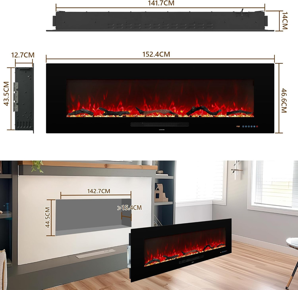 60" Wall-Mounted Electric Fireplace with Remote, Timer & Adjustable Flame Color