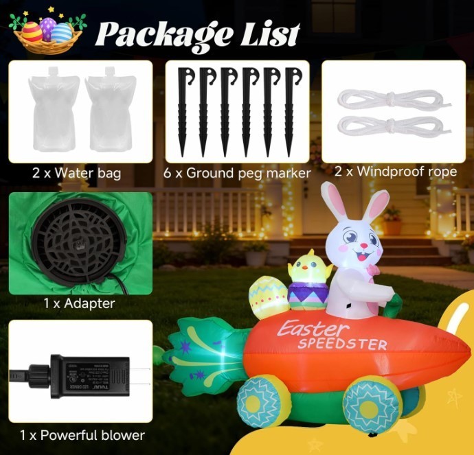Inflatable Easter Bunny with Carrot Car and Easter Eggs, 6FT Easter Inflatables