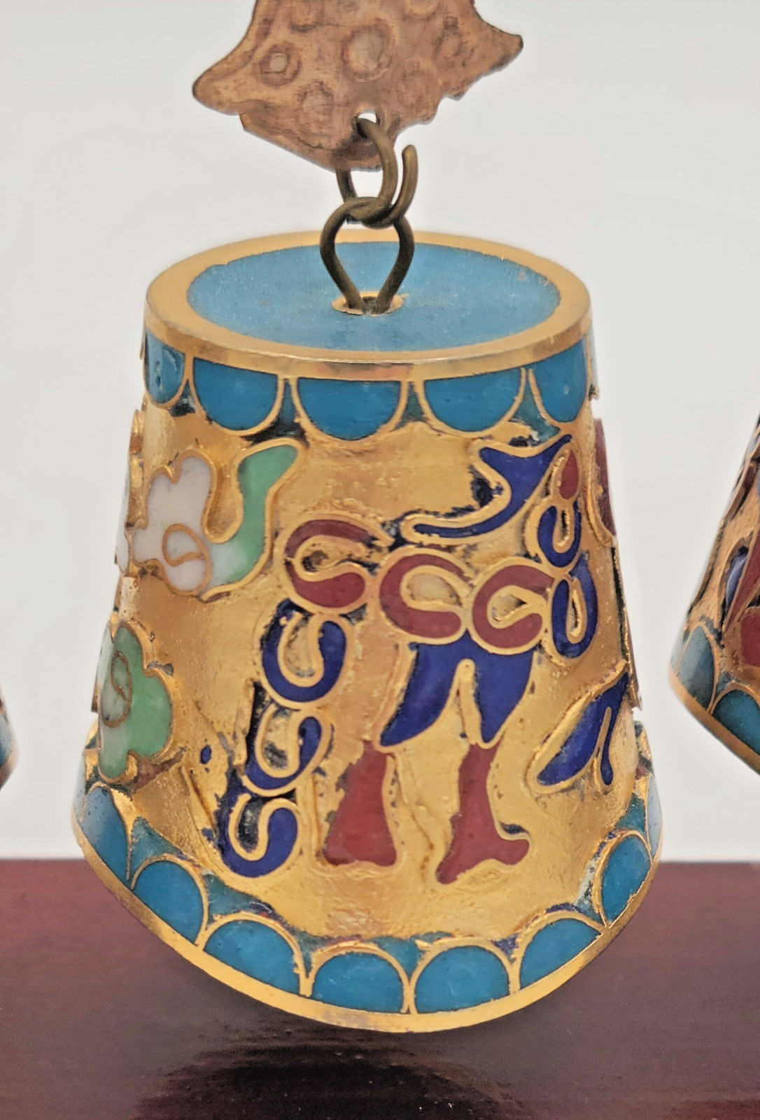 Chinese Cloisonne Graduated Musical Bell Set on Wood Carved Stand FREE SHIP