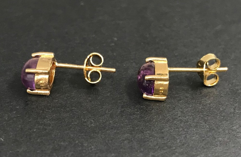 Amethyst cabochon set, stud earrings, pendant, gold on solid sterling silver.