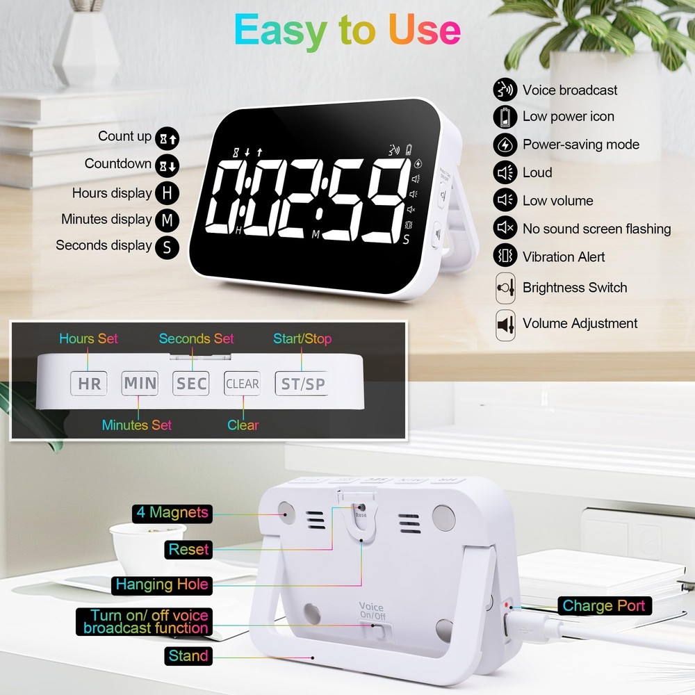 Kitchen Digital Timer, Rechargeable Magnetic Count Down Up Timer, Vibration M...