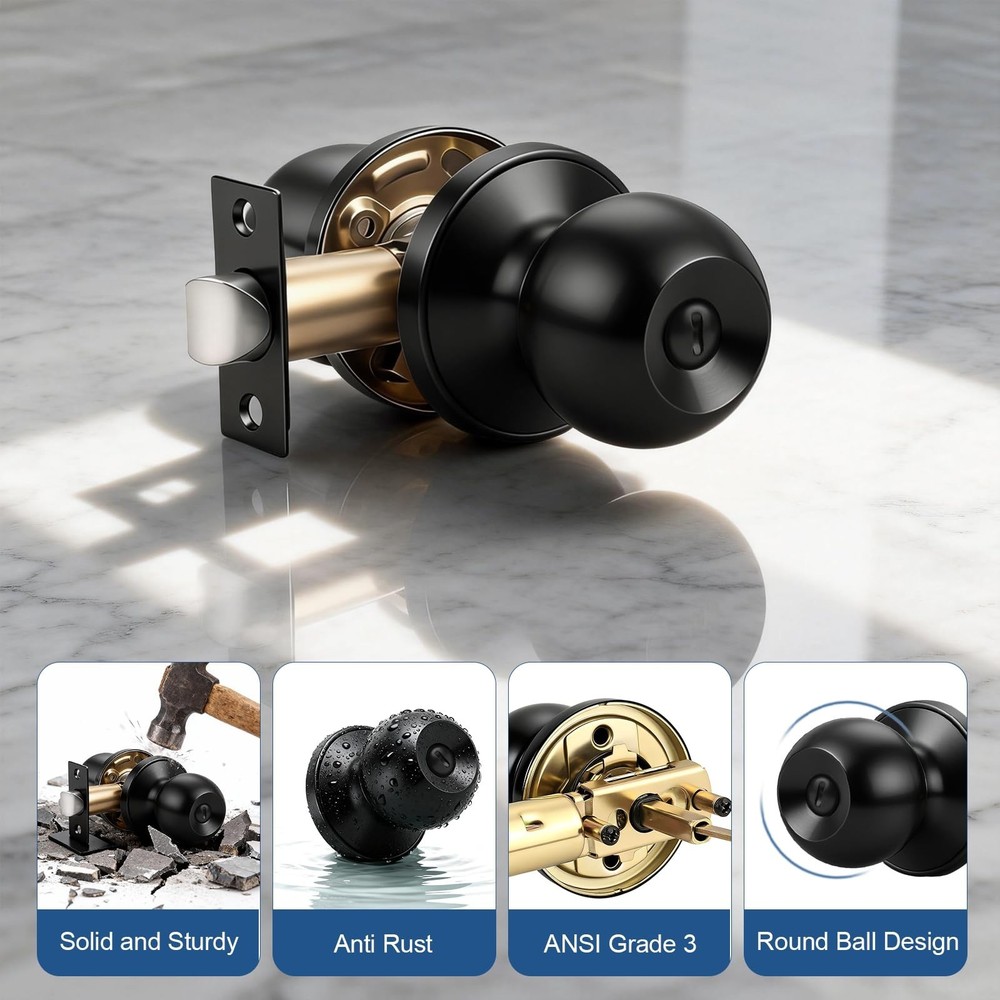 Knobonly 2 Pack Privacy Door Knobs Matte Black, Keyless Door Knobs Interior f...