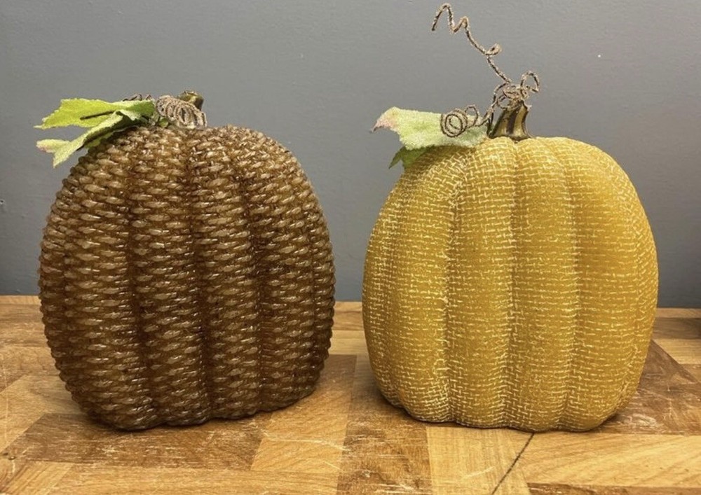2 - Halloween/Fall Pumpkins w Leaf Stem, Battery Lighted, USED