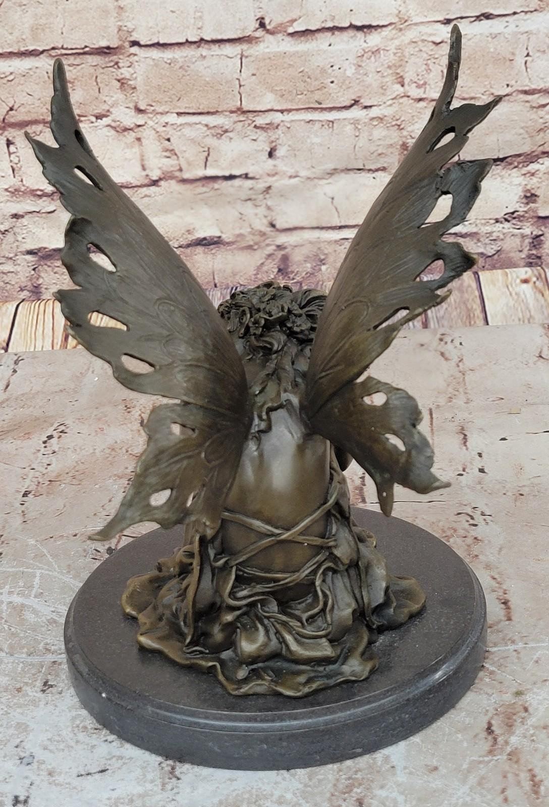 Bronze statue art nouveau garden fairy angel w/ wings. SIGNED Cesaro Artwork