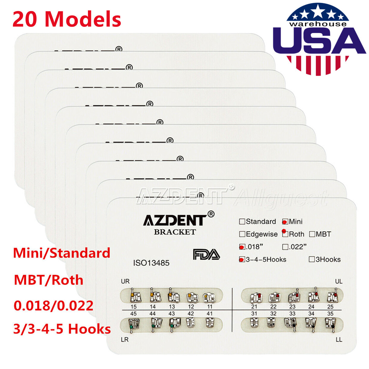 AZDENT Dental Ortho Metal Brackets Mini/Standard Roth/MBT 018/022 Hooks 3/3-4-5
