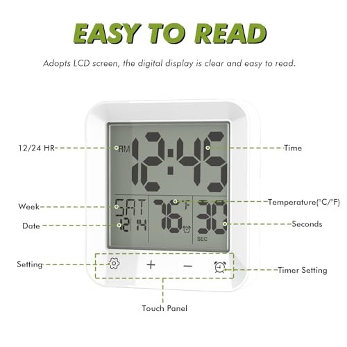 Digital Shower Clock Waterproof, Bathroom Wall Clock Timer with Touch Screen,