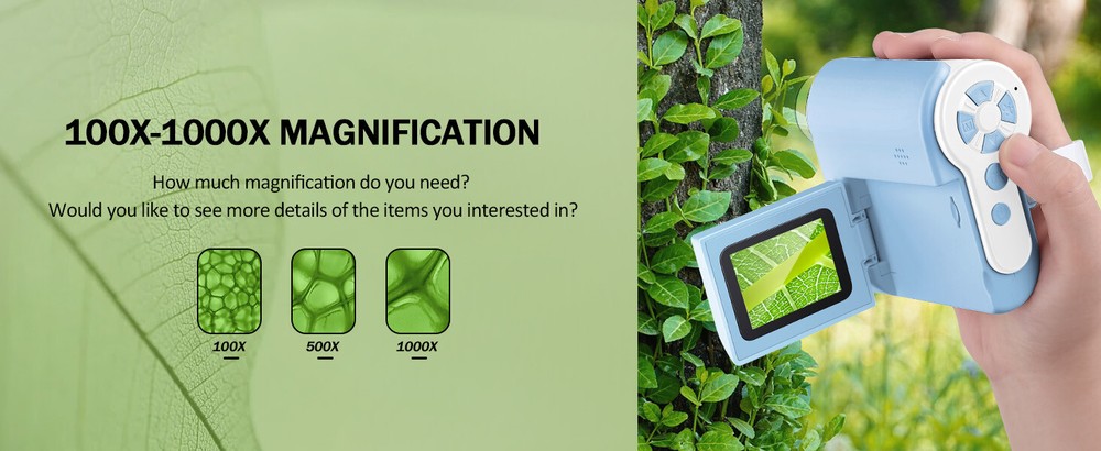 Microscope for Kids - 1000x Handheld Microscope with LED Lights 2'' LCD Screen