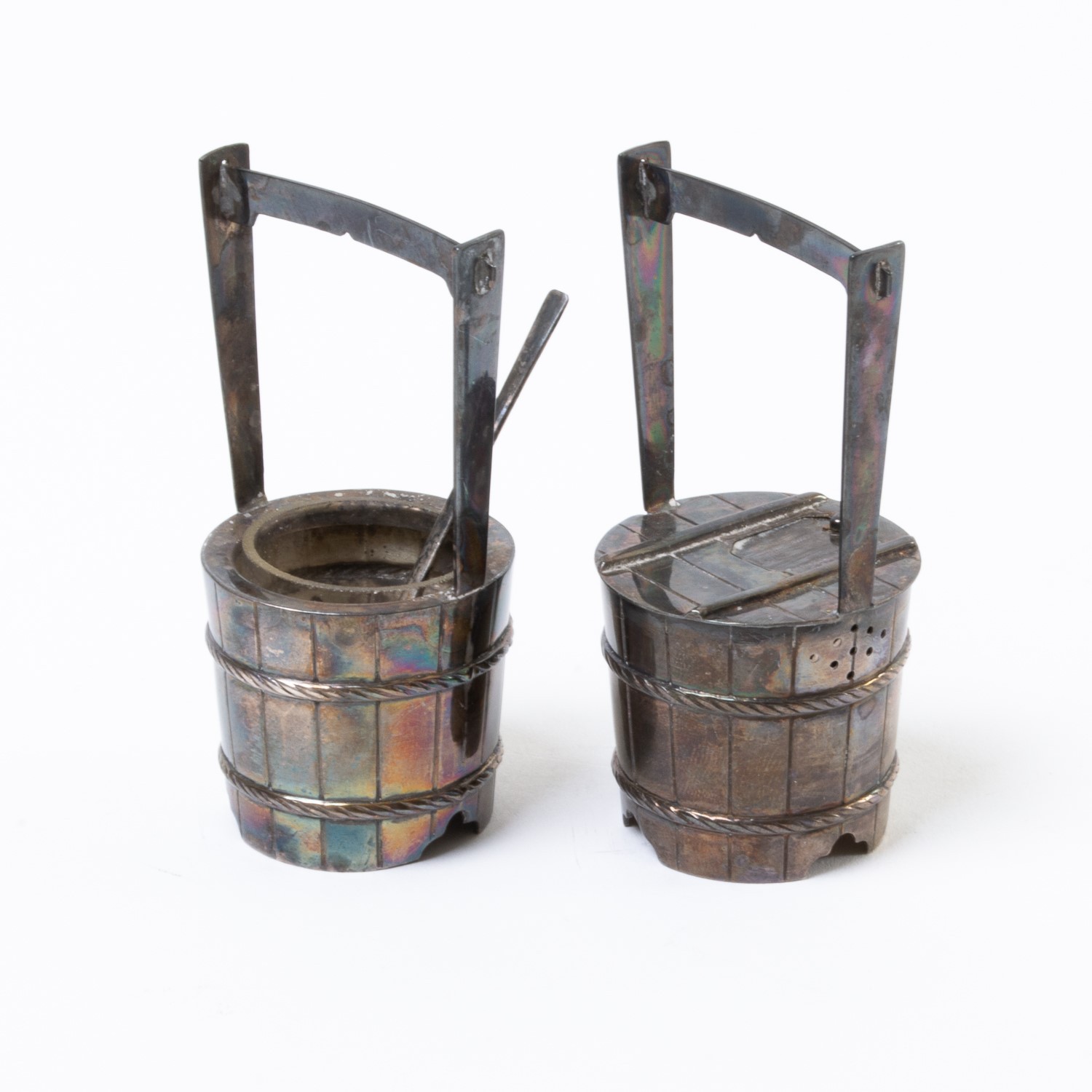 Vintage Japanese 950 Sterling Silver Salt Cellar & Pepper Shaker Set Buckets