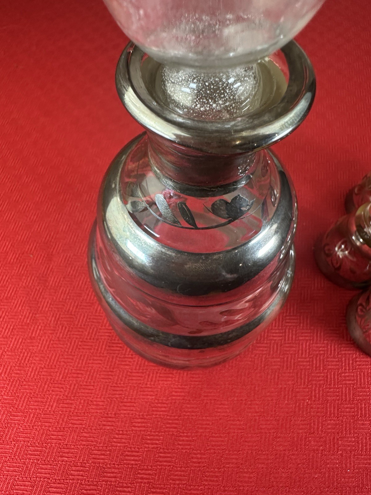 Antique 8 Piece Sterling Silver Overlay Decanter Set Art Deco Liquor Hand Blown