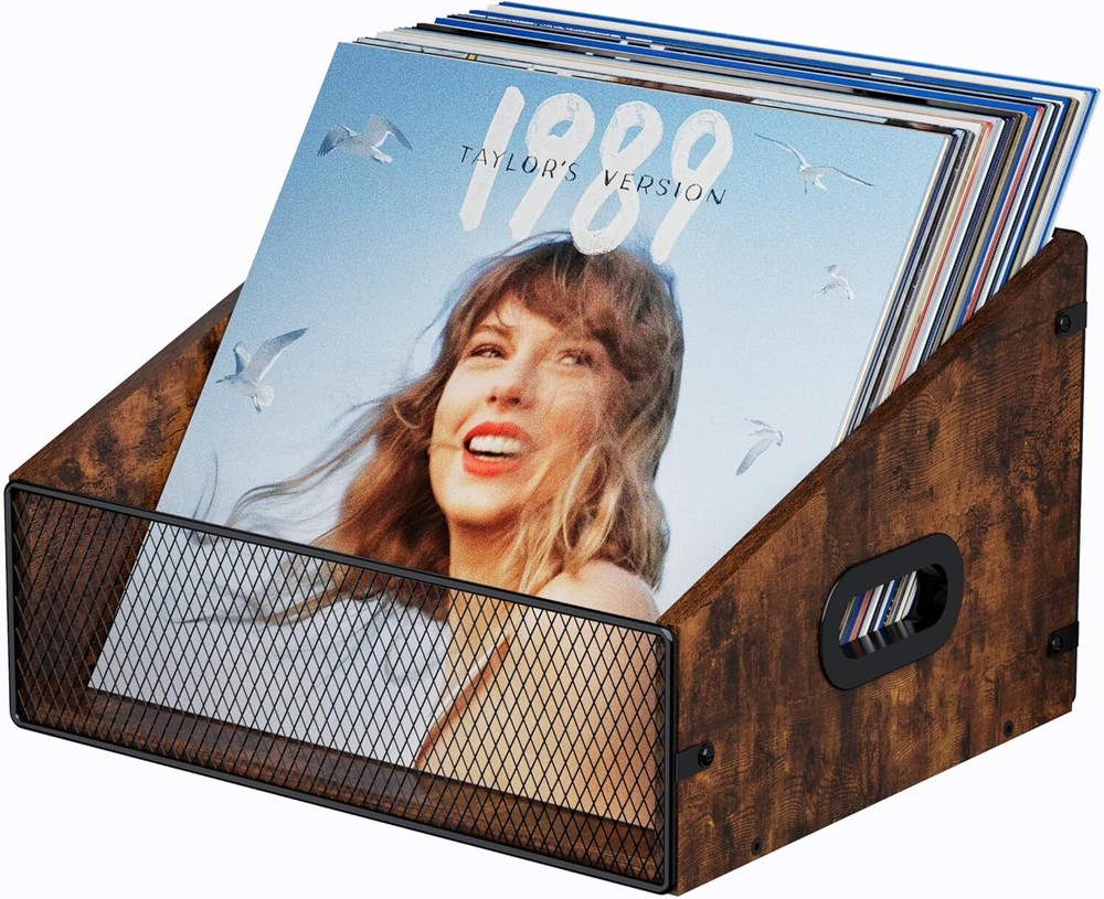 Vinyl Record Storage Holder, Trapezoidal LP 1 Tier, Rustic Brown & Black