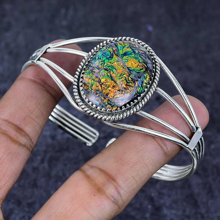 Triplet Opal Gemstone Handmade 925 Sterling Silver Cuff Bangle Adjustable N042