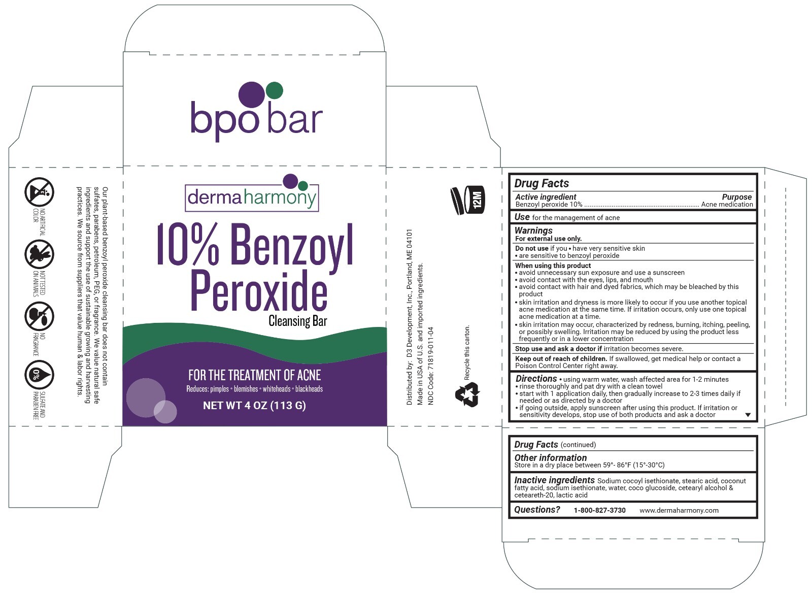 10% Benzoyl Peroxide Non Soap Cleansing Bar - DermaHarmony 4oz - One Bar