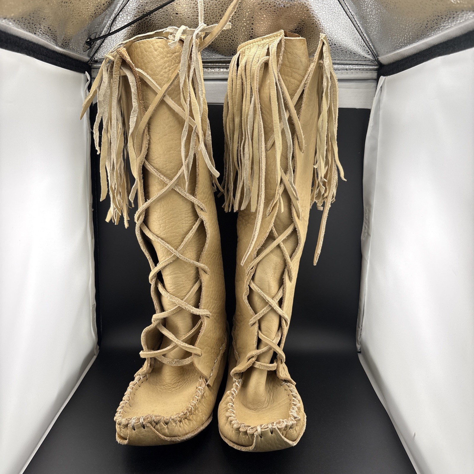 Vintage Handmade Native American Tall Leather Moccasins 16”