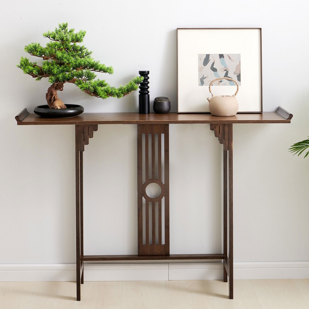 2-Layer Vintage Console Table Sofa Side Table Entryway Table Bamboo Shelf New
