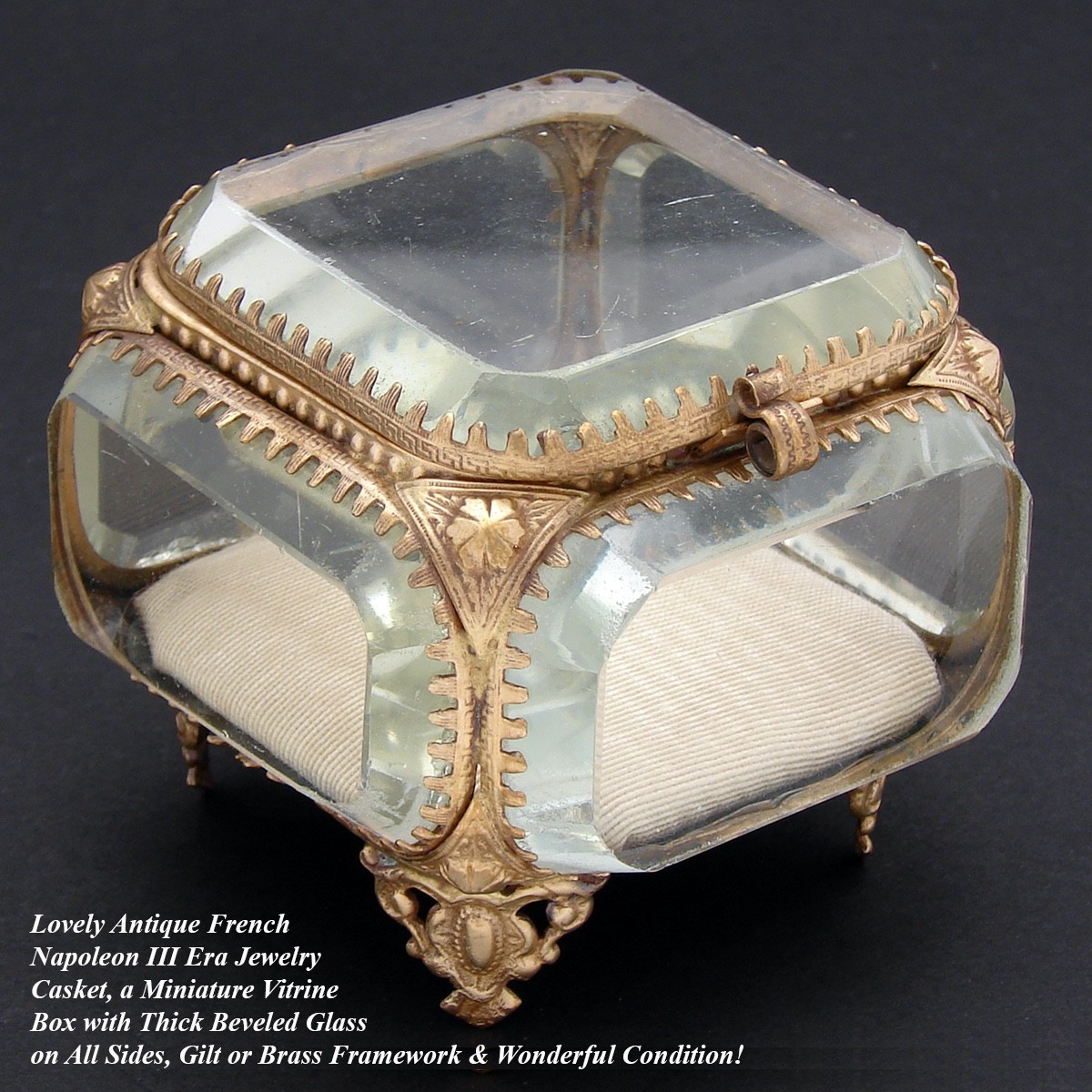Antique Napoleon III Jewelry Casket, Miniature Vitrine Box, Thick Beveled Glass