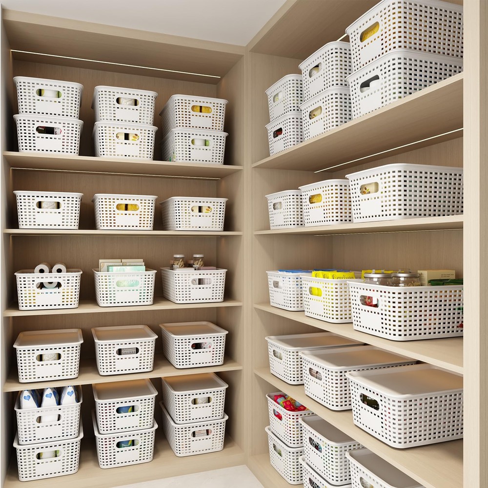 Plastic Storage Basket with Lids 12 Pack Stackable Storage Bins Containers wi...