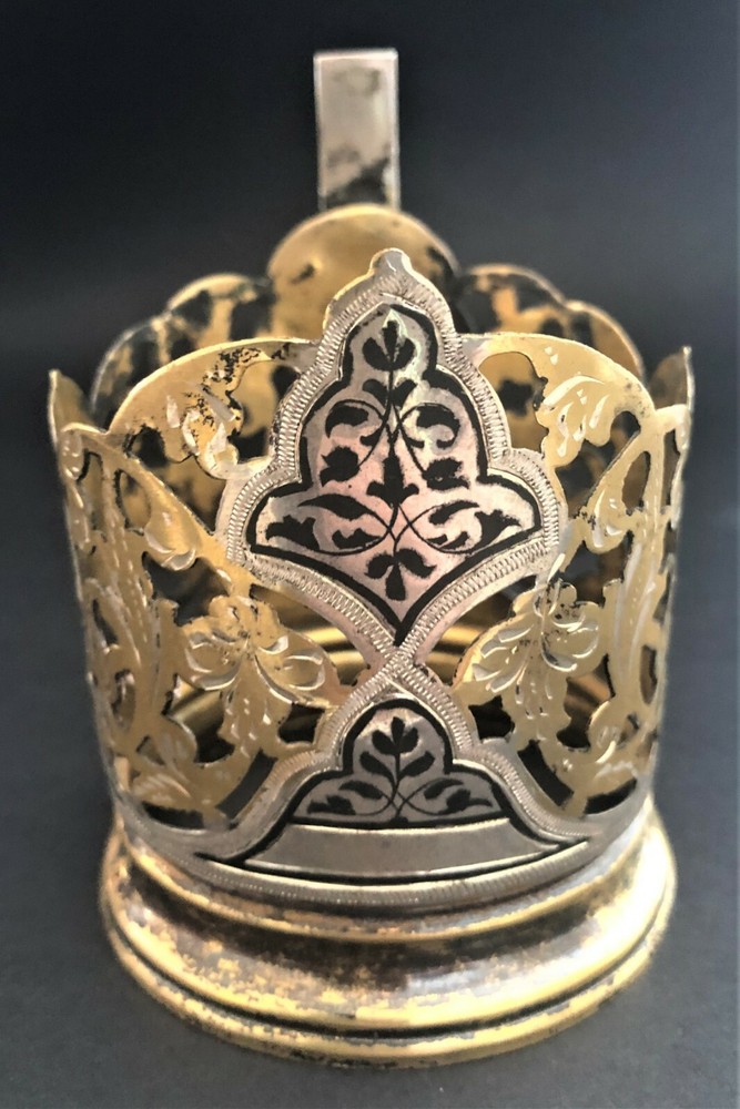 Russian Soviet Niello Gilded 875 Silver Glass Holder