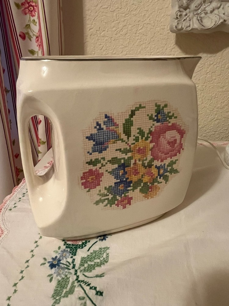 Vtg Harker Ivory Needlepoint Roses Print Rectangular Pitcher Lovely Please Read