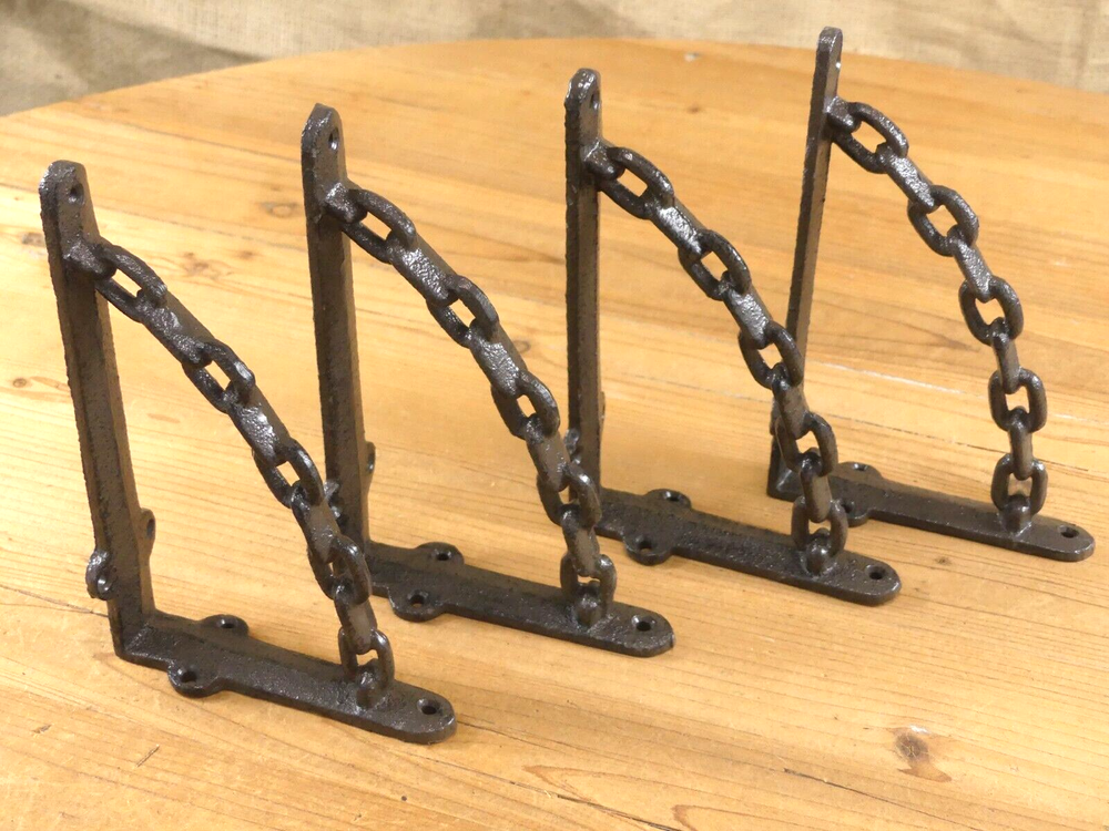 4 CAST IRON BRACKETS CHAIN MAN CAVE BRACES SHELF CORBELS NAUTICAL DECOR RUSTIC