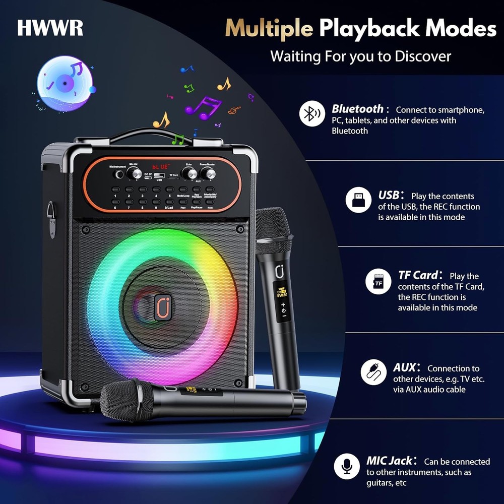 HWWR Bluetooth Karaoke Speaker 2 Wireless Mics Echo TWS