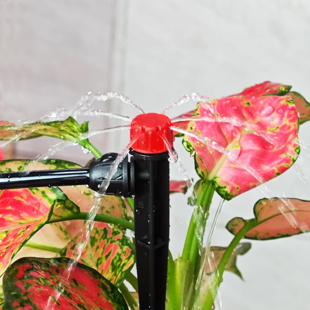25 Pack Drip Irrigation Emitters with Stake, Adjustable 360° Sprayers 1/4"