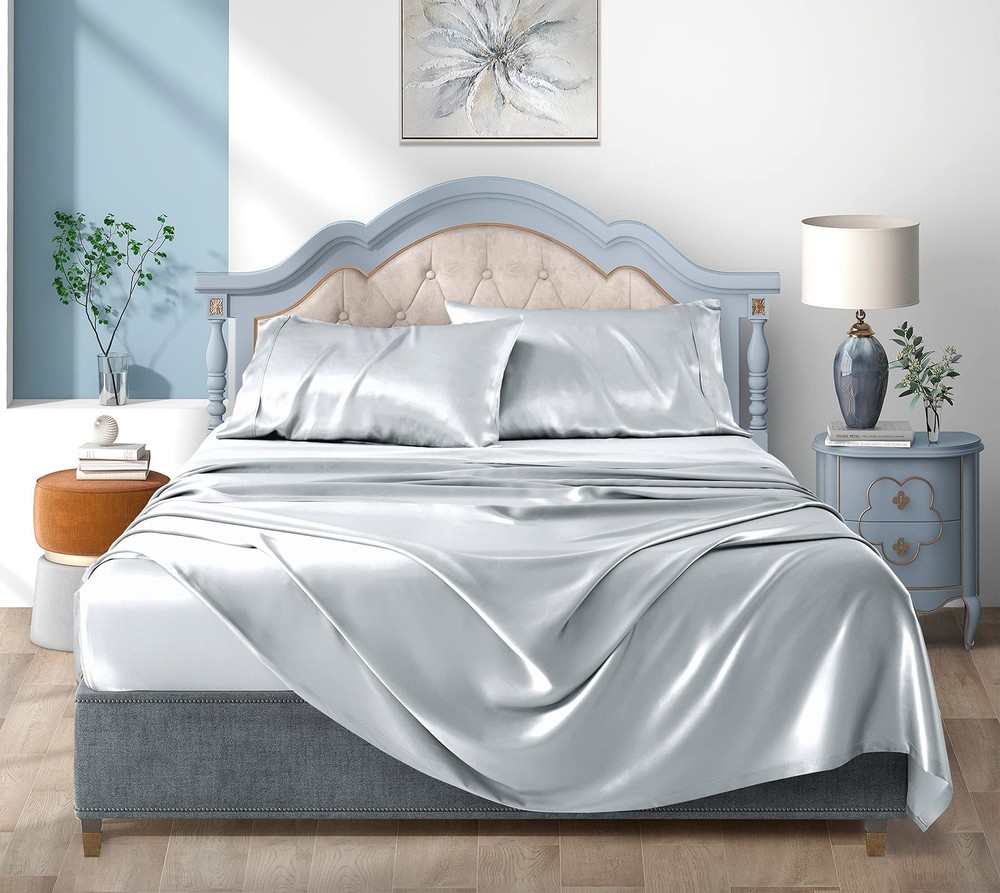 Satin Bed Sheets Full Size Sets, Silver Grey Silk Sheets, 4 - Pieces Soft Bed...