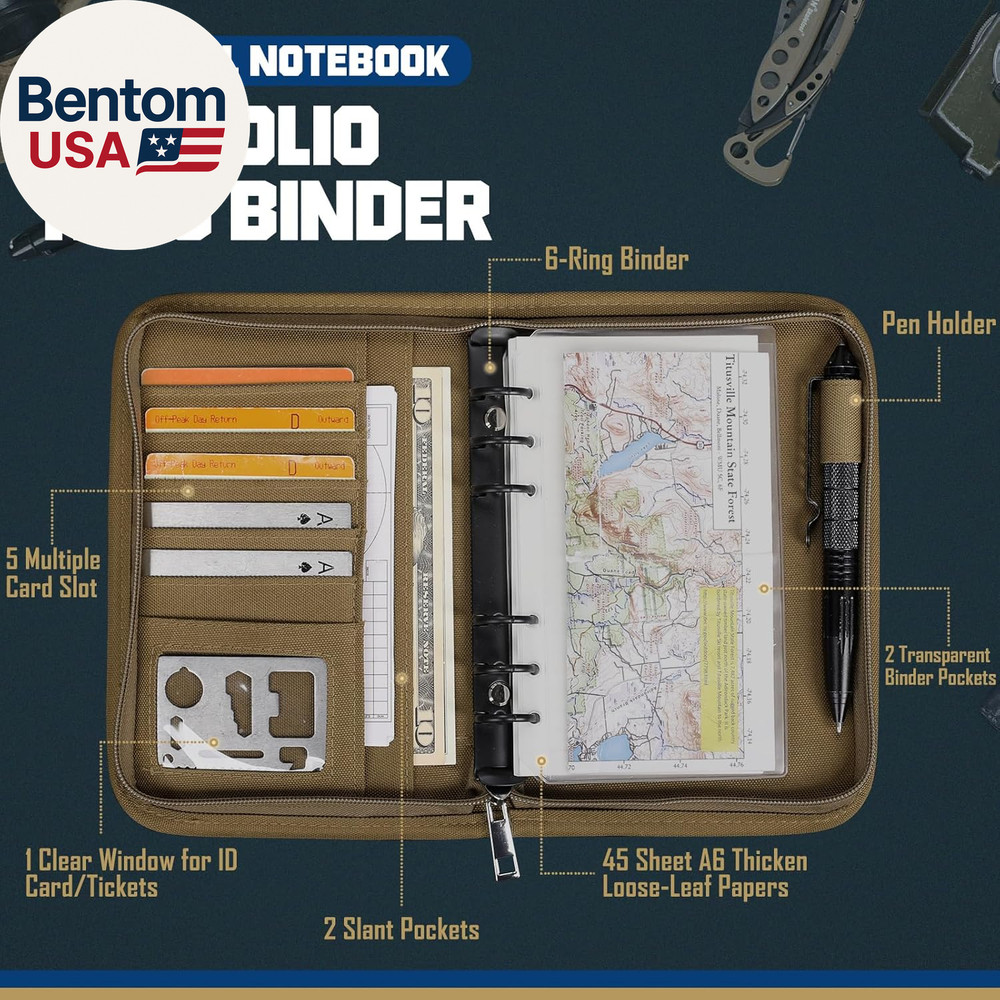 Tactical Notebook Padfolio Ring Binder - Refillable 6-Ring A6 Binder, Zip Hardco