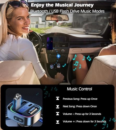 Bluetooth 5.4 FM Transmitter Car Adapter, 54W PD & QC3.0 USB Charger,