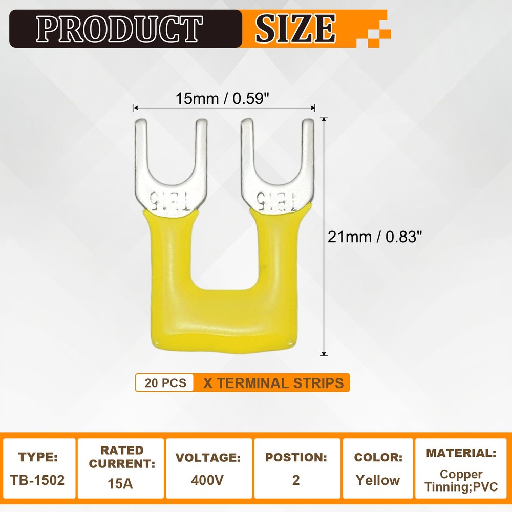 20 Pack 2-Postion 400V Pre Insulated Fork Type Terminal Strip (TB-1502), Yellow