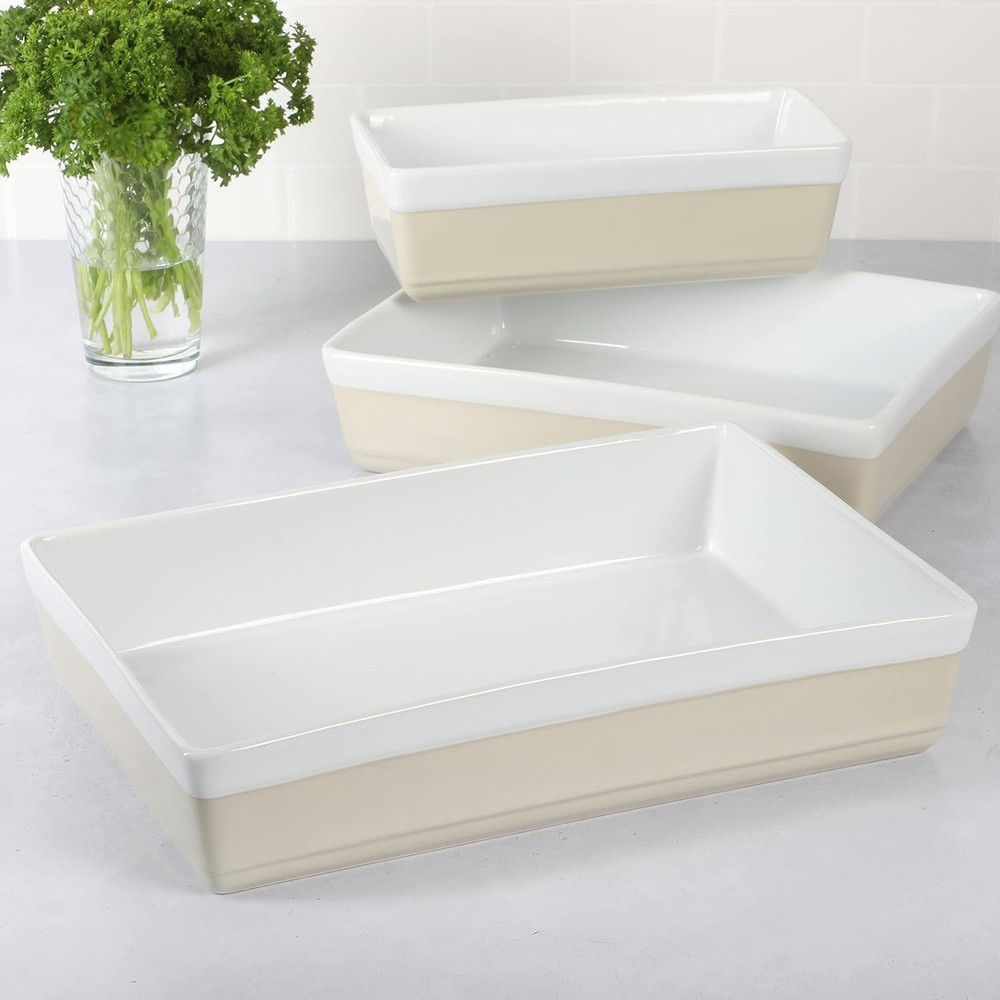 Charming 3-Piece Stoneware Casserole Set – Smooth Glazed Interior, Stackable