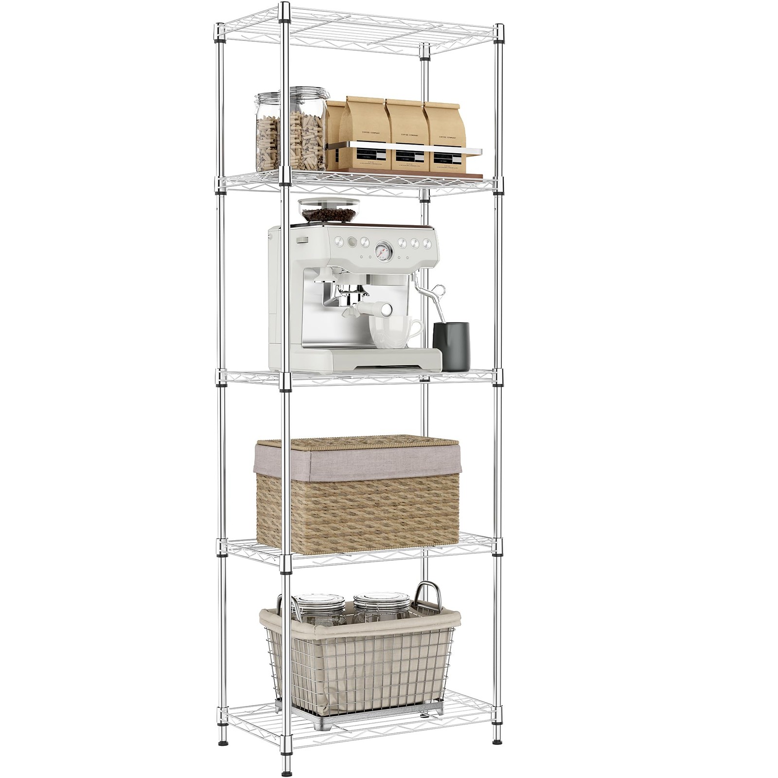 5 Tier Metal Storage Shelves Adjustable Chrome Wire shelves Industrial Shelves