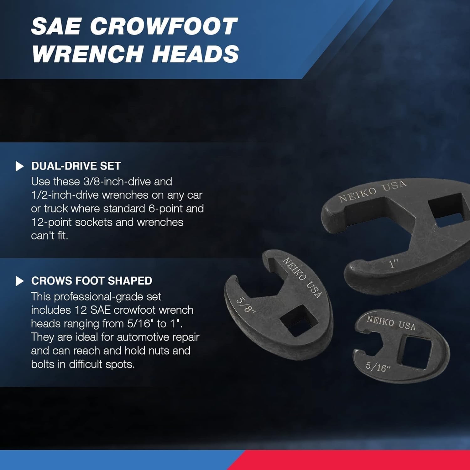 Neiko 03323A Crowfoot Wrench Set 1/2 and 3/8” Drive, 12 Piece, SAE Crows Foot