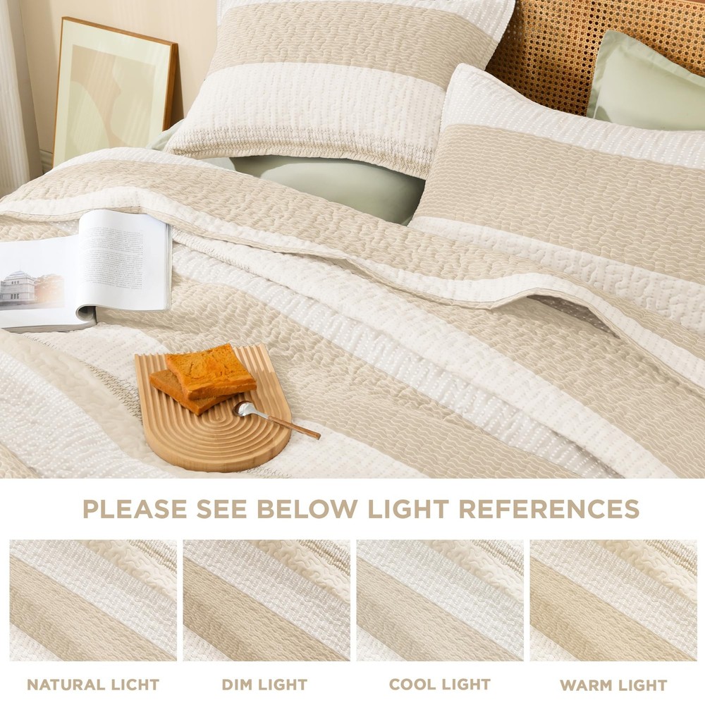 Litanika King Size Quilt Beige Stripe Patchwork Summer Bedspread Coverlet 3 Piec
