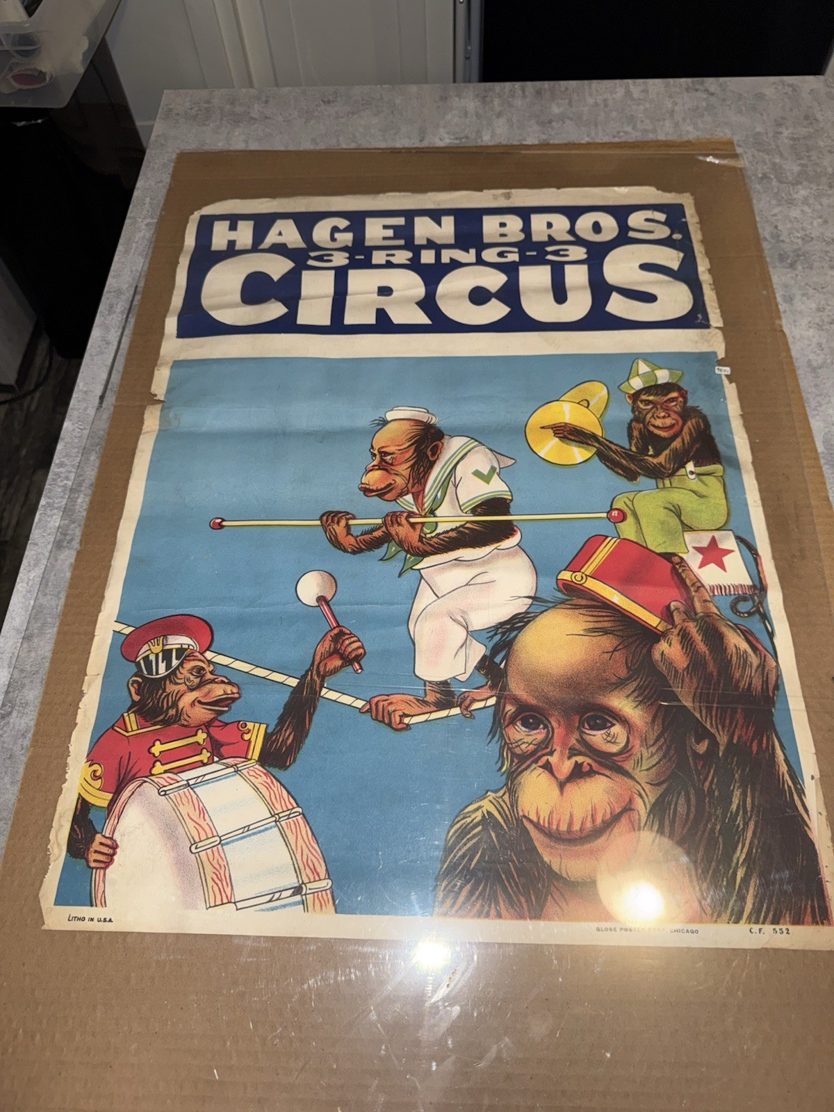 GLOBE Vintage Antique 1950S Litho Usa Circus Poster Evil Looking Monkeys Great