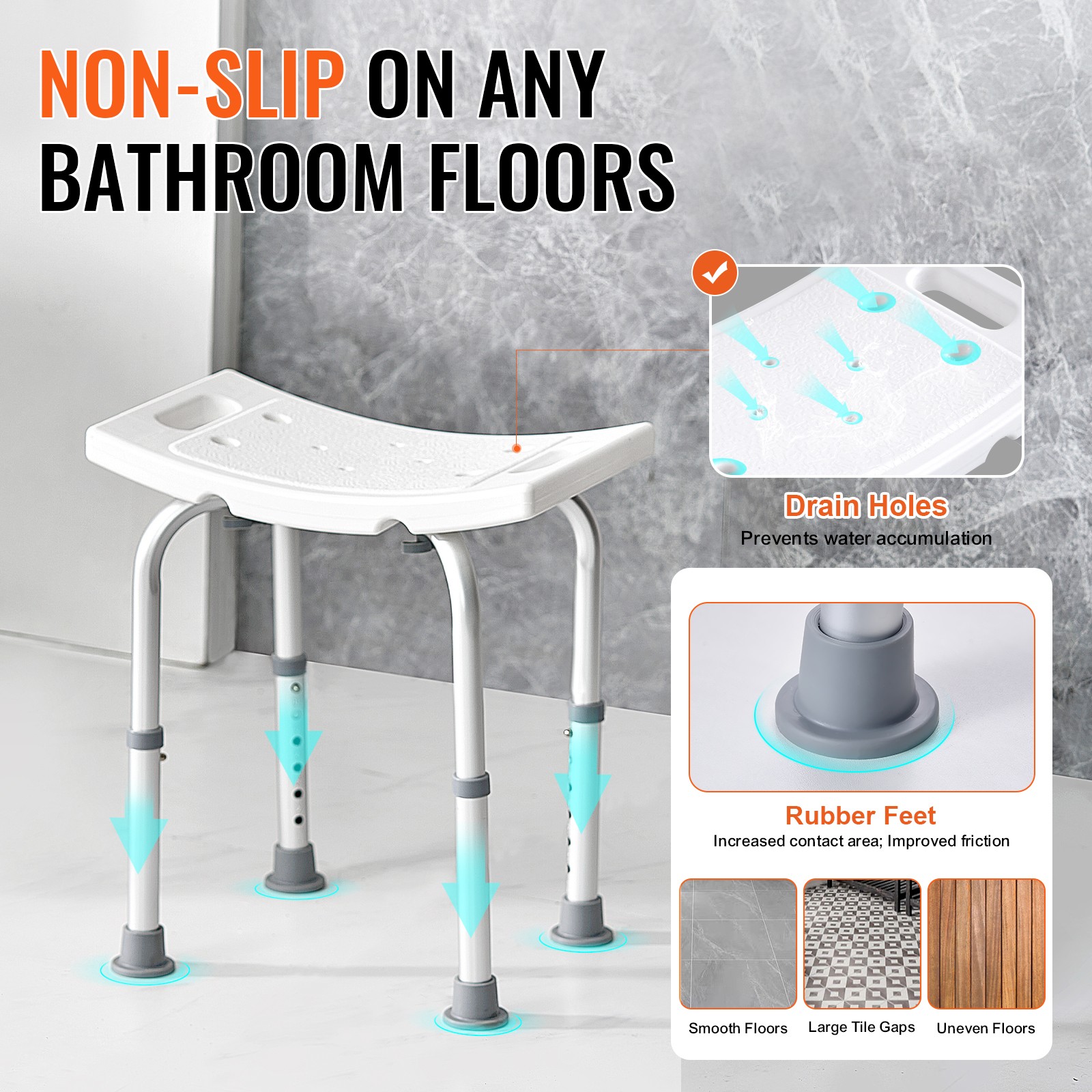 Height Adjustable Shower Chair Seat, Padded Bath Stool Bench
