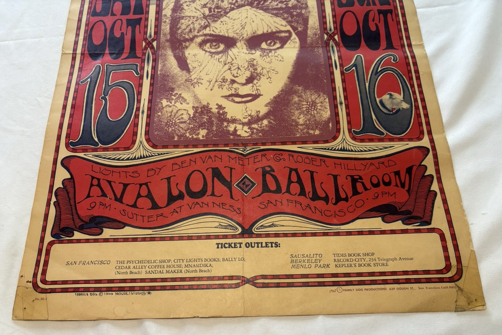 BIG BROTHER & HOLDING COMPANY POSTER + SIR DOUGLAS QUINTET AVALON PRINTED 1967