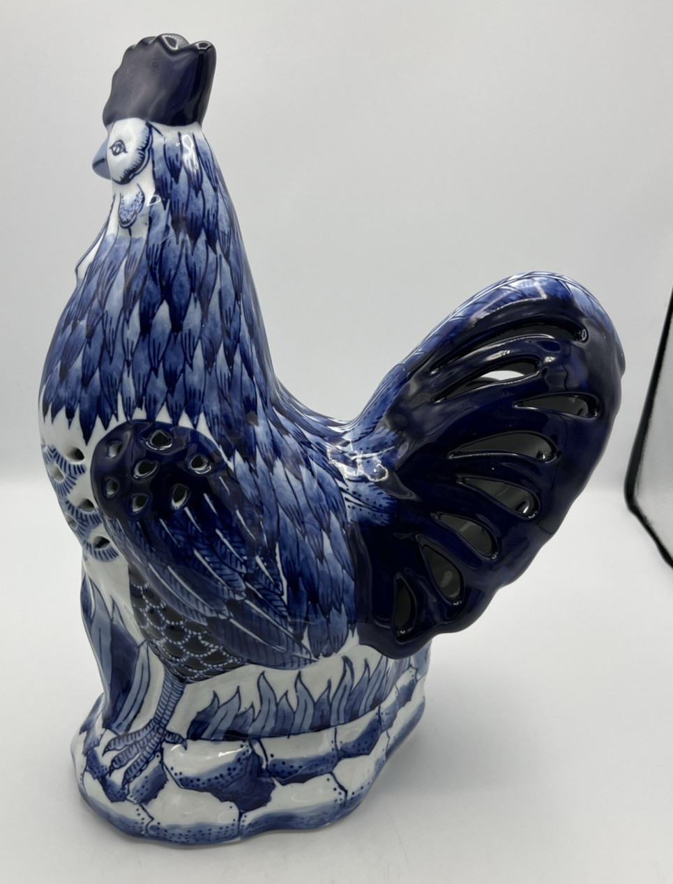 Ceramic Blue And White Chinoiserie Pierced Rooster Bird 15" High
