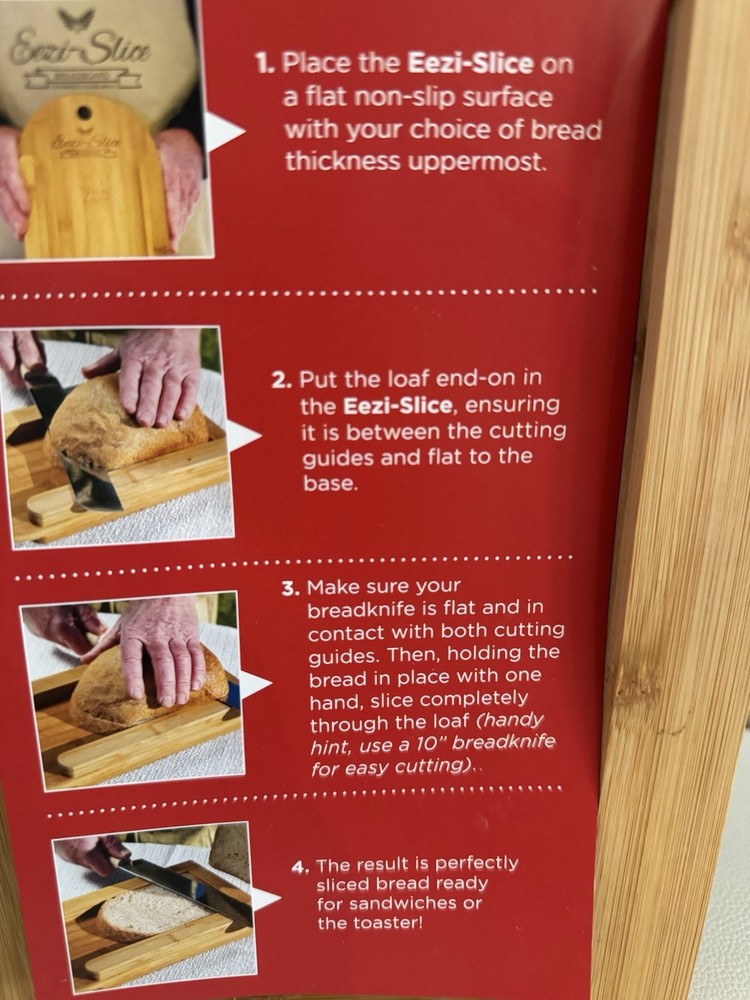 Eezi-Slice Breadboard Bread Slicer, Bamboo, Double Sided Thick/Thin NWT