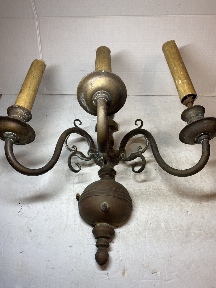 Antique Pair Brass Wall Hanging 3 Socket Light Sconces