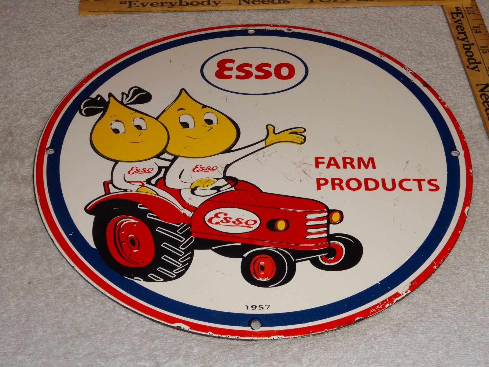VINTAGE 1957 ESSO FARM OIL DROP BOY GIRL 11 3/4" PORCELAIN TRACTOR GASOLINE SIGN