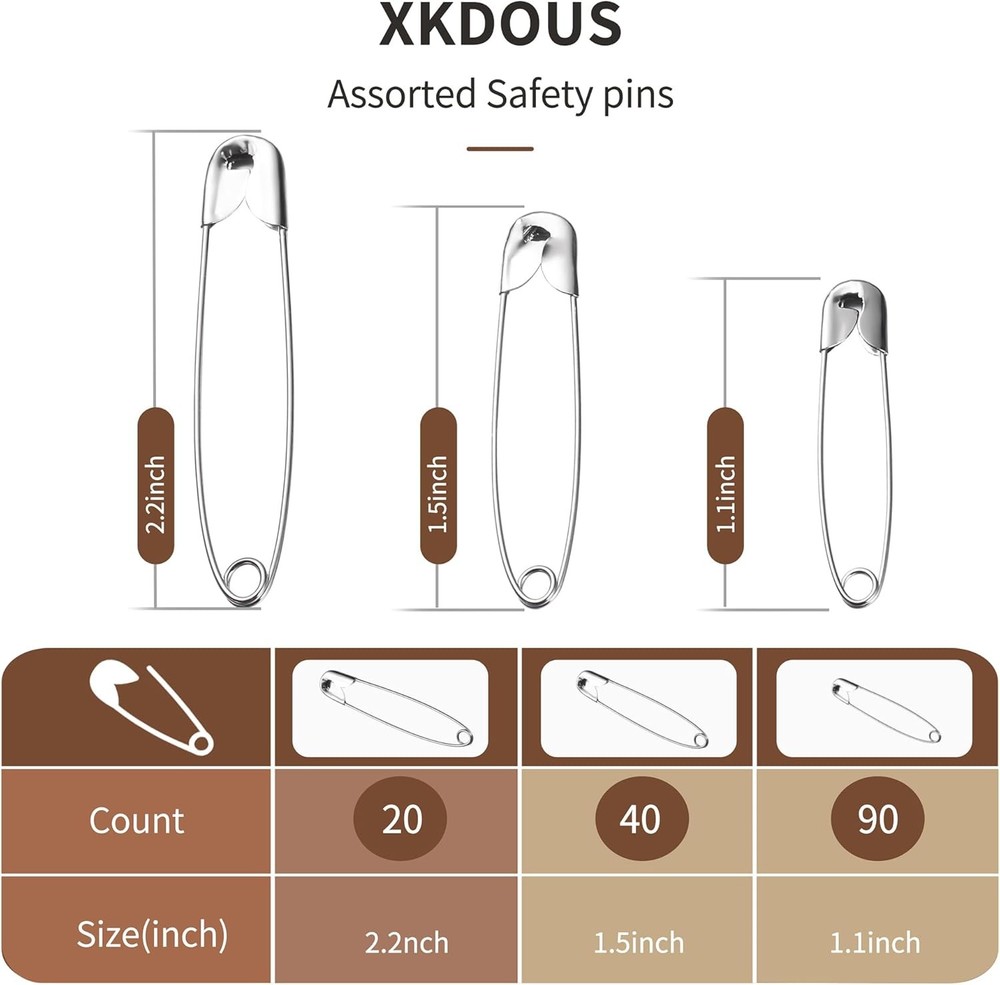 150 Pcs Safety Pins Assorted Sizes Silver Bulk