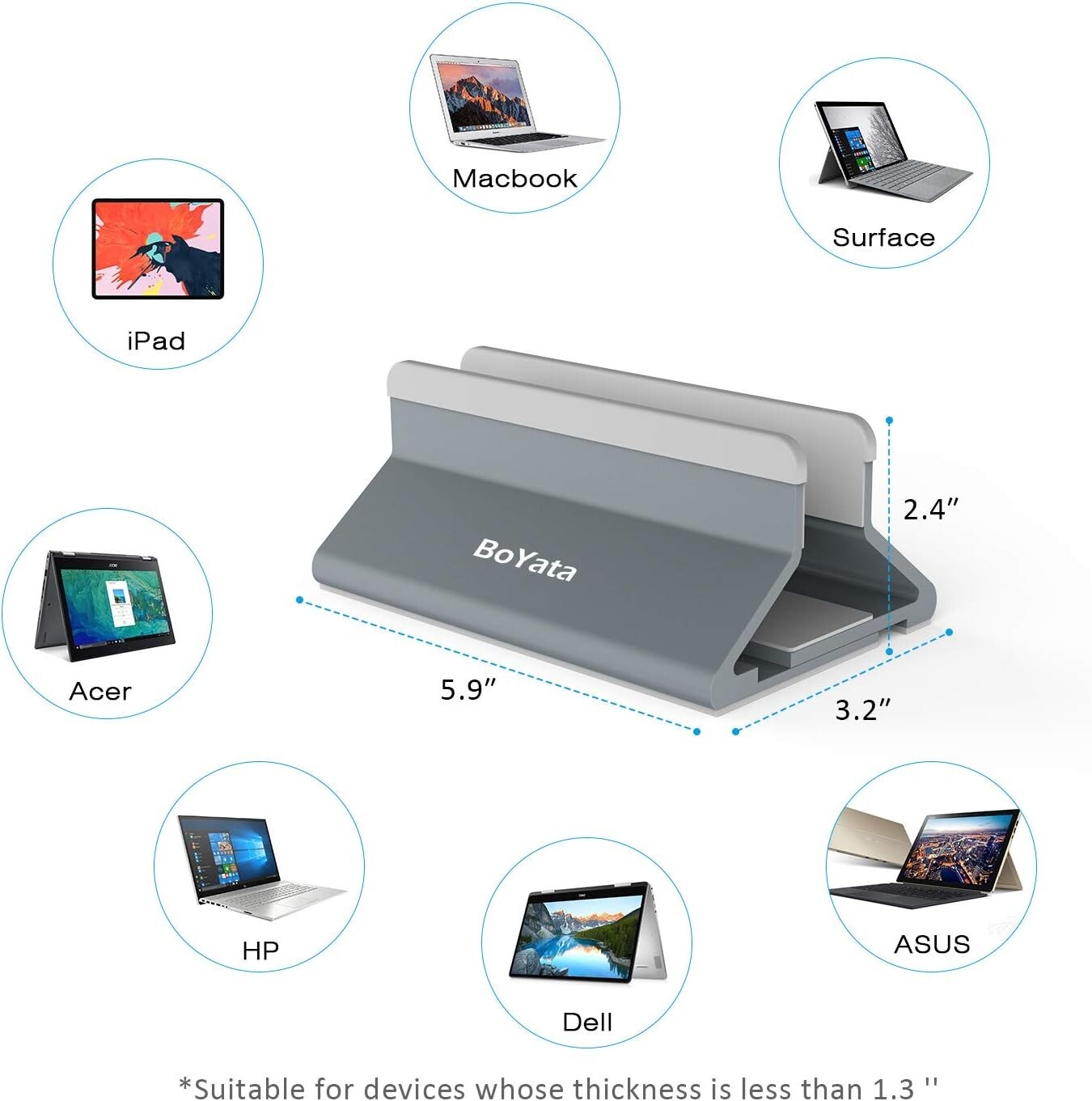 Vertical Aluminum Laptop Holder Desktop Stand with Adjustable Dock, 3 COLOR